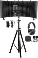 Rockville Recording Studio Bundle ROCKSHIELD 3 Mic Isolation Shield W/Sound Dampening Foam, RCM PRO Condenser Microphone, PRO-M50 Headphones, RVES05 Tripod Stand, 4-items