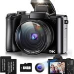 5K Digital Camera 64MP Cameras For Photography, 5X Optical Zoom Compact Travel Camera Front And Rear Dual Cameras Vlogging Camera For YouTube With 3.2" IPS Touchscreen, 64G TF Card, 2 Batteries