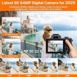 5K Digital Camera 64MP Cameras For Photography, 5X Optical Zoom Compact Travel Camera Front And Rear Dual Cameras Vlogging Camera For YouTube With 3.2" IPS Touchscreen, 64G TF Card, 2 Batteries - Image 3