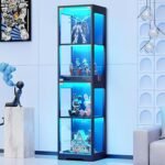 BROTTAR Glass Display Cabinet, 4-Tier Curio Cabinets with 3 Color Lights for Collectibles, Storage Cabinet with Door, Glass Display Case & Bookcase with Human Body Sensor, Black